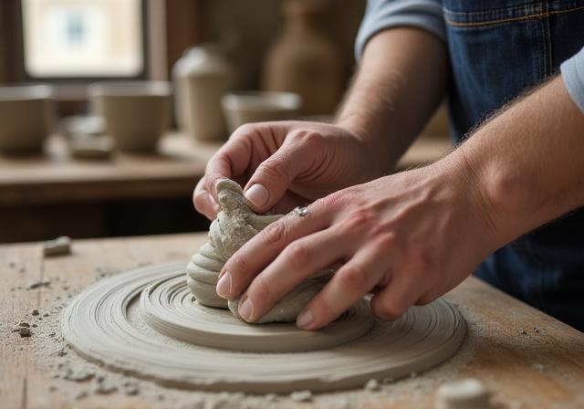 Mani che lavorano l'argilla con la tecnica del colombino