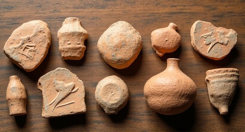 Antiche anfore e frammenti di ceramica con motivi marini